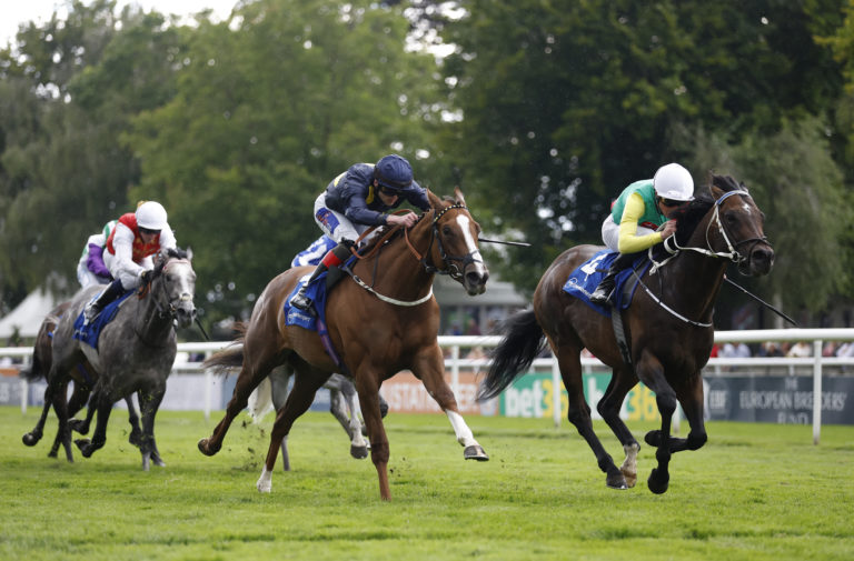 Swingalong (navy blue) chases home Mill Stream at Newmarket 