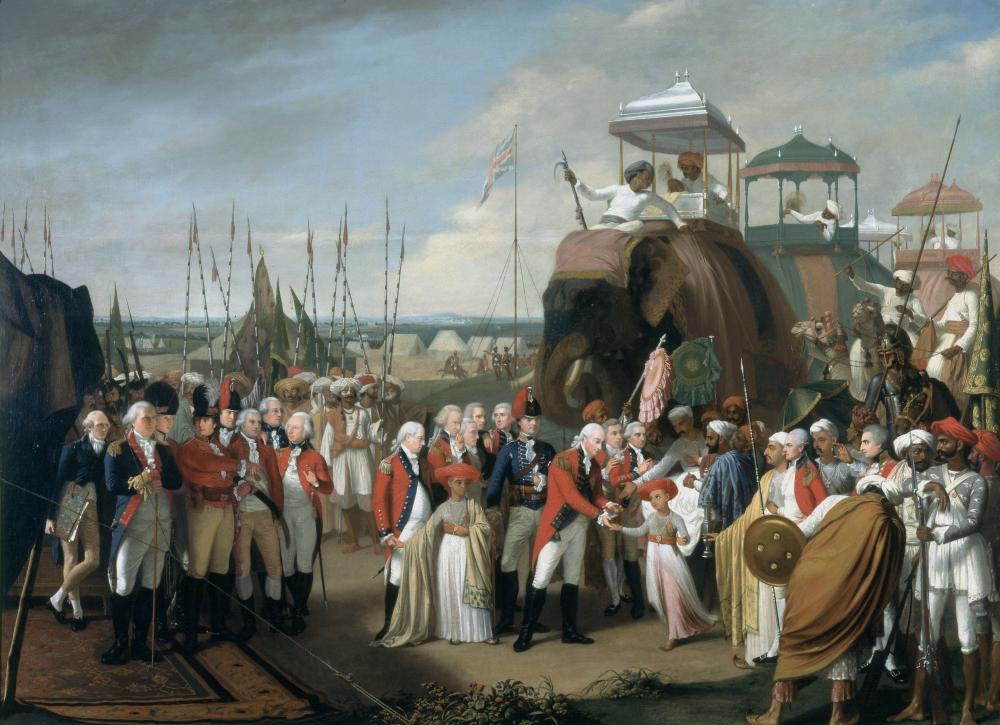The trade relationship dates back to 1600, between Tudor England and Mughal India, when Elizabeth I granted the newly formed East India Company a royal charter. Image: The Surrender of Tipu Sultan.