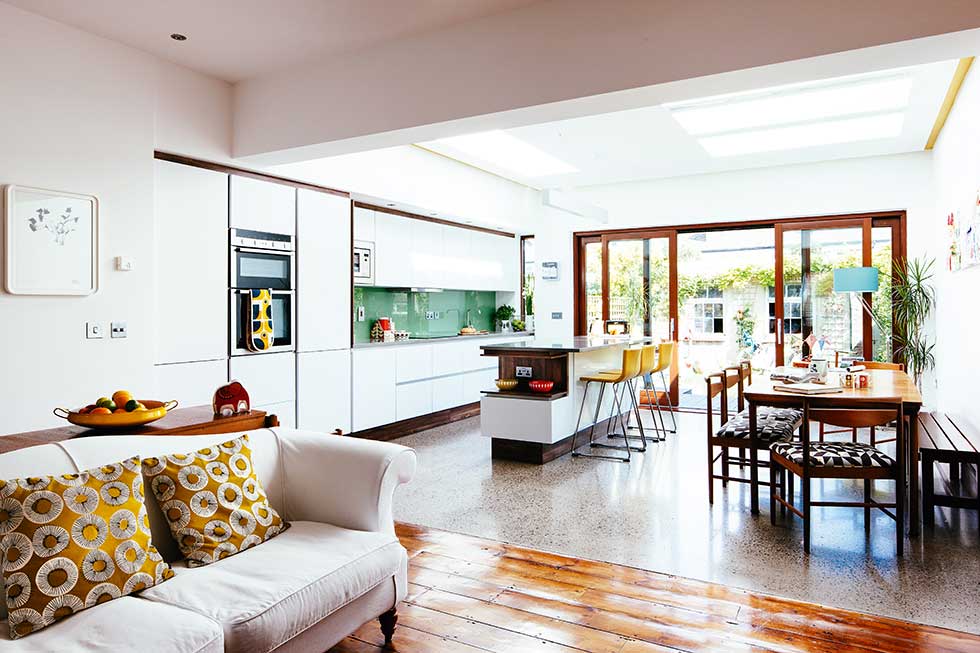 open plan kitchen dining living in modern extension