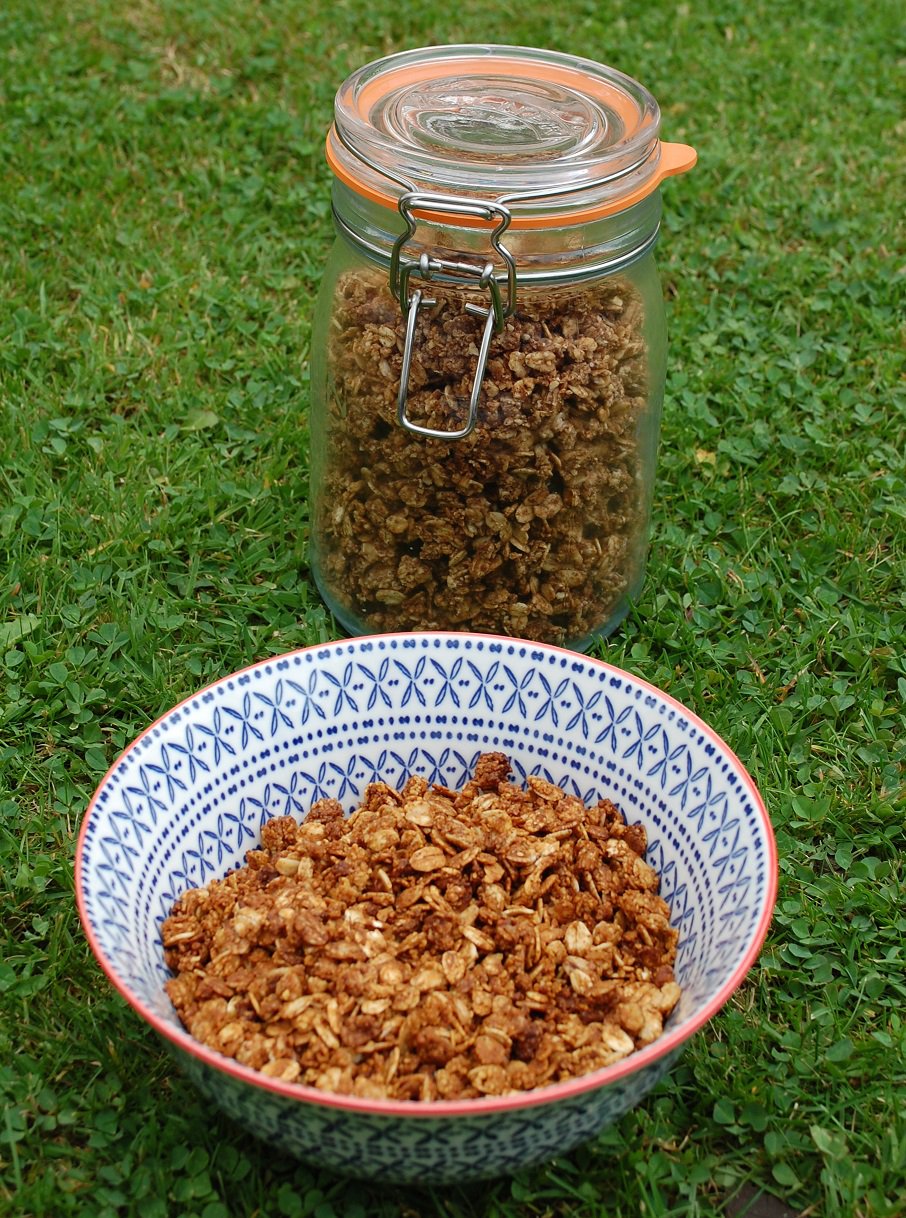 Two types of home-made granola  - coconut nectar (front) and maple syrup (kilner jar)