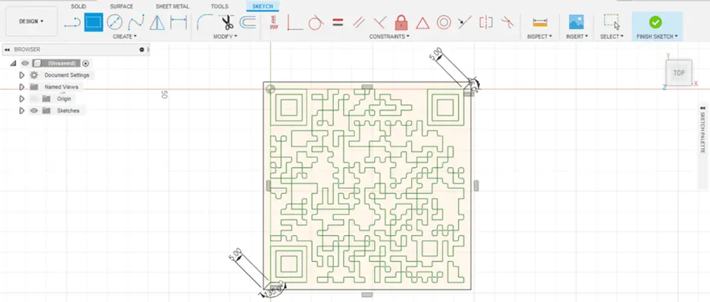 Screenshot of Fusion 360 software showing a QR code with expanded edged border.