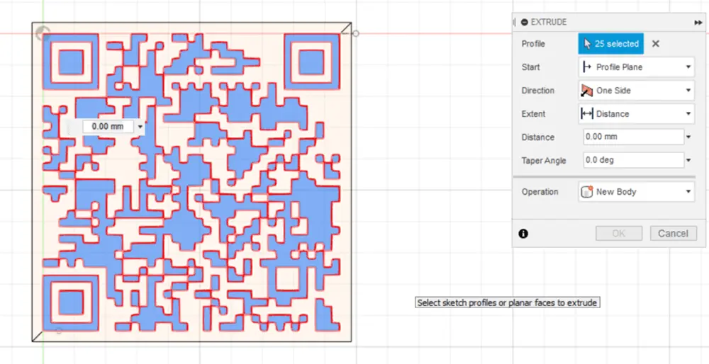 Screenshot of Fusion 360 software showing extrude tool of the raised part of QR code