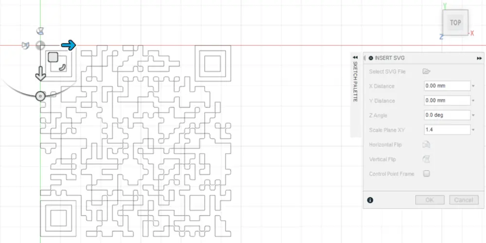 Screenshot of Fusion 360 software showing QR code import