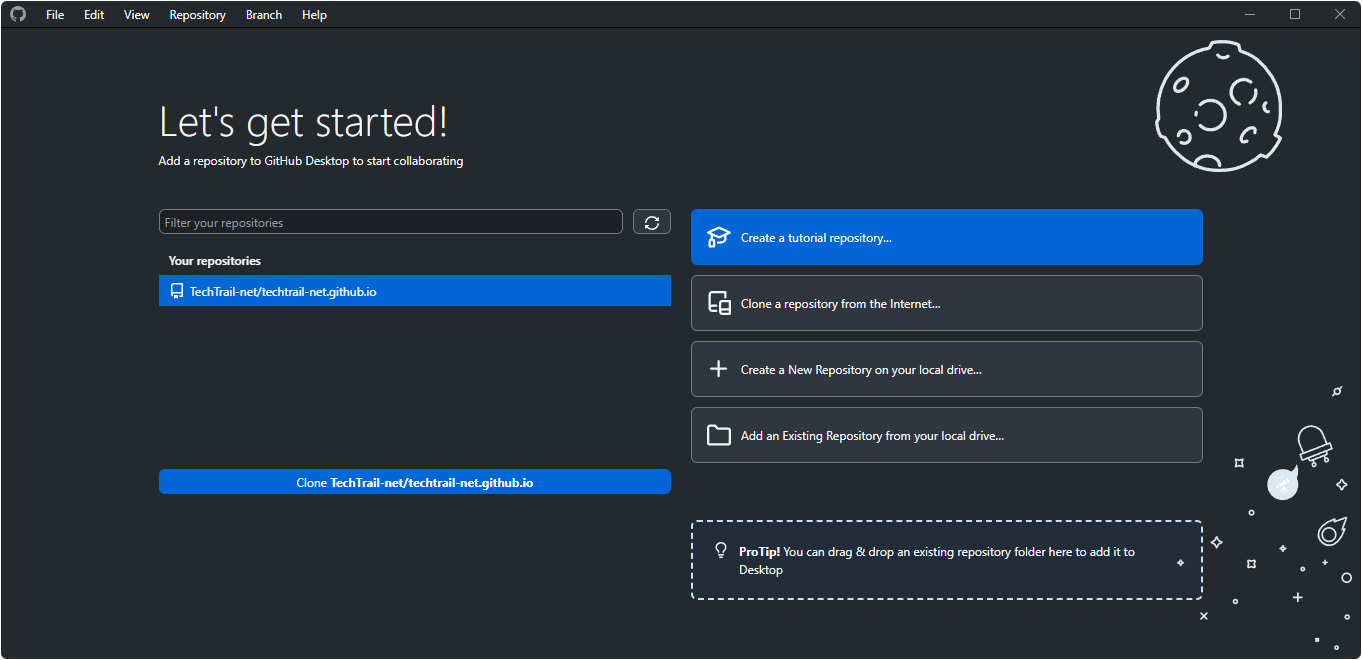 Screenshot showing GitHub Desktop application without any repositories