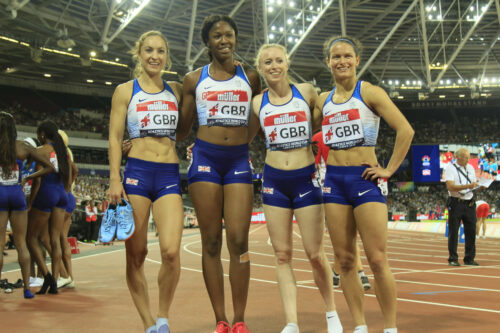 Emily Diamond, Finette Agyapong, Amy Allcock and Zoey Clark at the Athletics World Cup in 2018. Photo: MV4R Photography