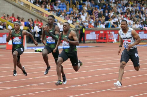 Mike Rodgers, Reece Prescod, Christian Coleman and Yohan Blake at the 2018 Birmingham Diamond League. Photo: MV4R Photography.