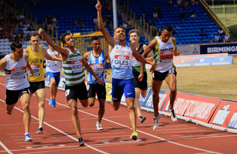 Elliott Giles wins the 800m at the British Championships in Birmingham in 2018. Photo: MV4R Photography
