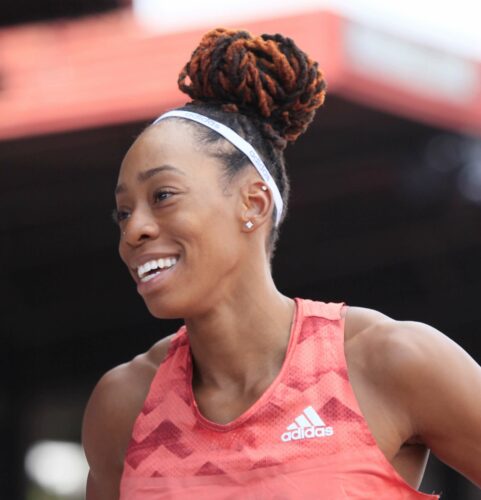 Shara Proctor warming up at the 2018 Birmingham Diamond League. Photo: MV4R Photography.