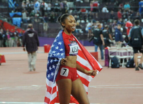 Allyson Felix after winning 4x400m gold at London 2012. Picture: Citizen59 via Flickr.