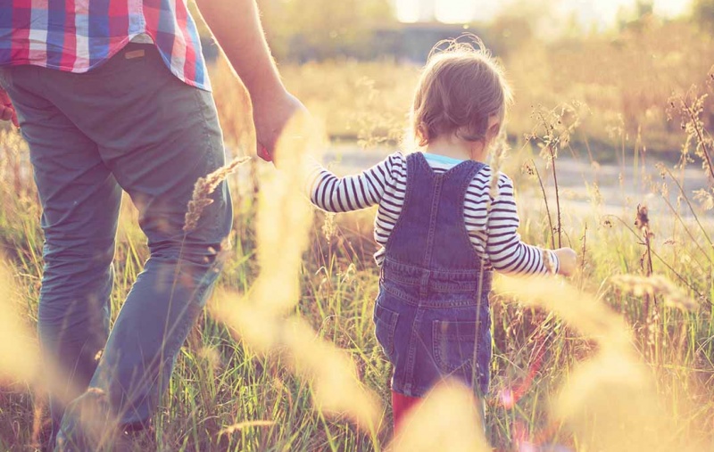 A young child holding their parent's hand in a sunny field