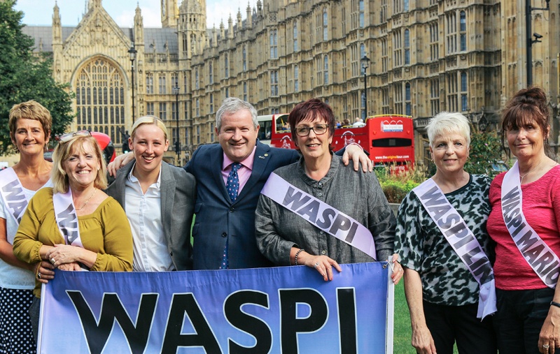 WASPI women outside the Houses of Parliament with Ian Blackford and Mhairi Black