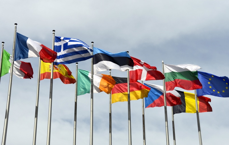 A collection of EU flags