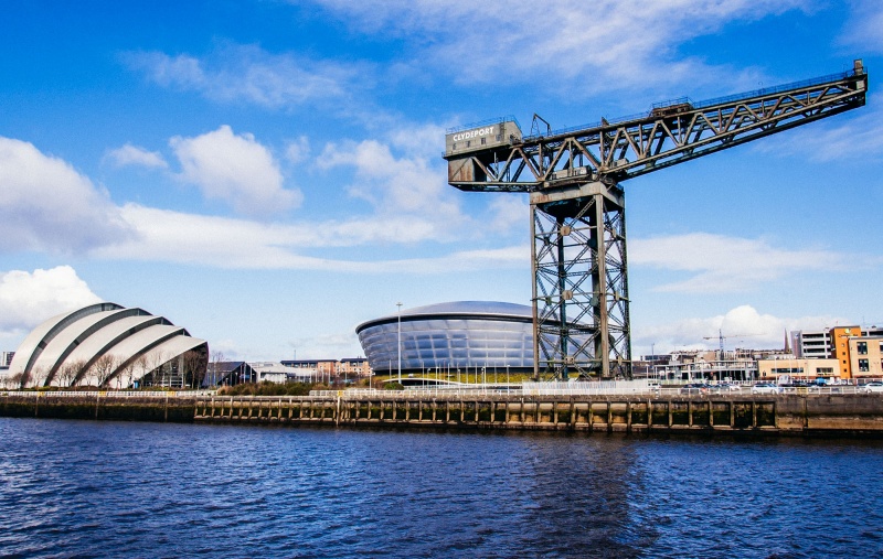 View of the Hydro concert arena and SECC exhibition centre with Finnieston crane on the side. Glasgow, Scotland.