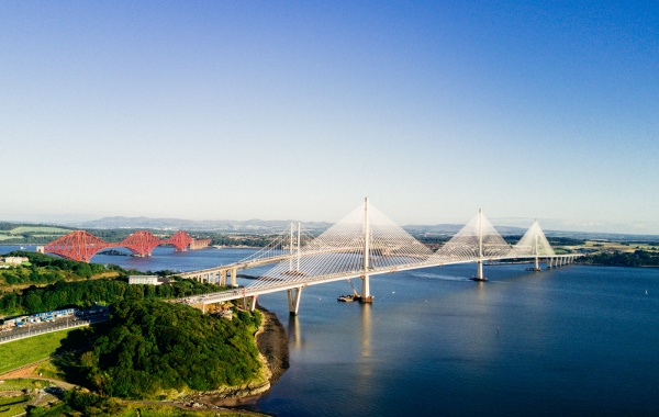 Queensferry Crossing with the Forth Road Bridge and the Forth Bridge behind it