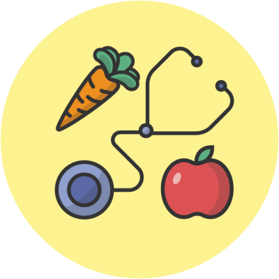 an illustration of a doctor's stethoscope, an apple and a carrot