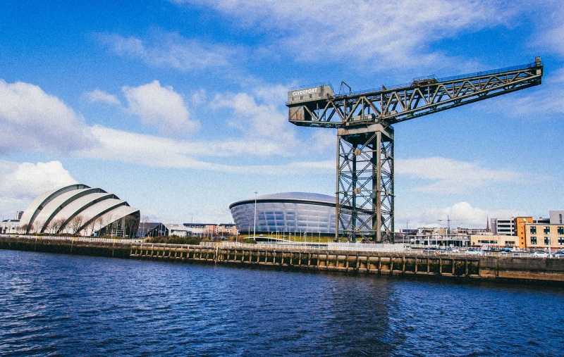 View of the Hydro concert arena and SECC exhibition centre with Finnieston crane on the side. Glasgow, Scotland, UK.