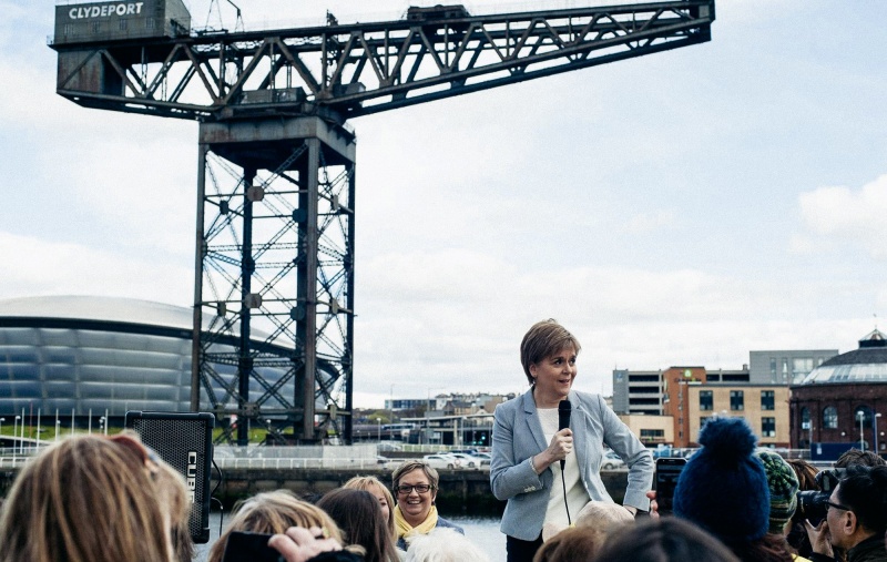 Nicola Sturgeon speaking to activists in front of the Finnieston Crane in Glasgow