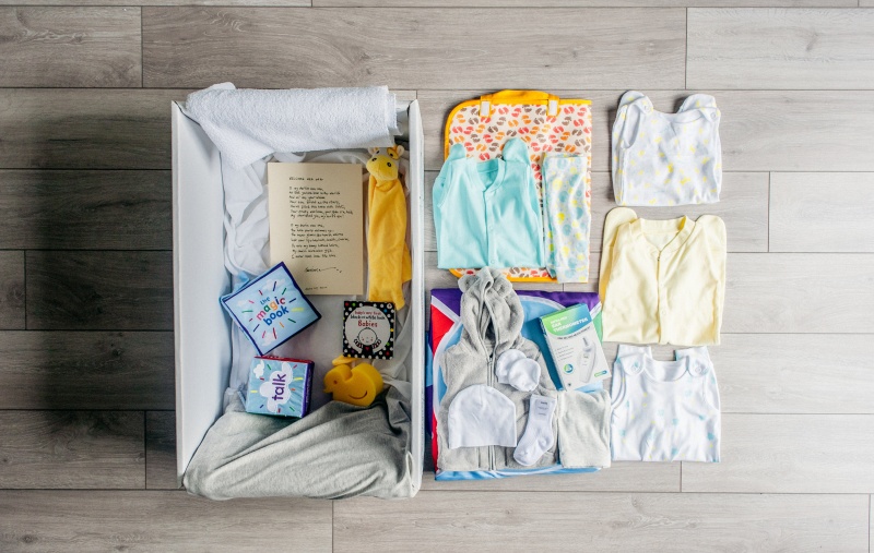 A baby box with all the items laid out
