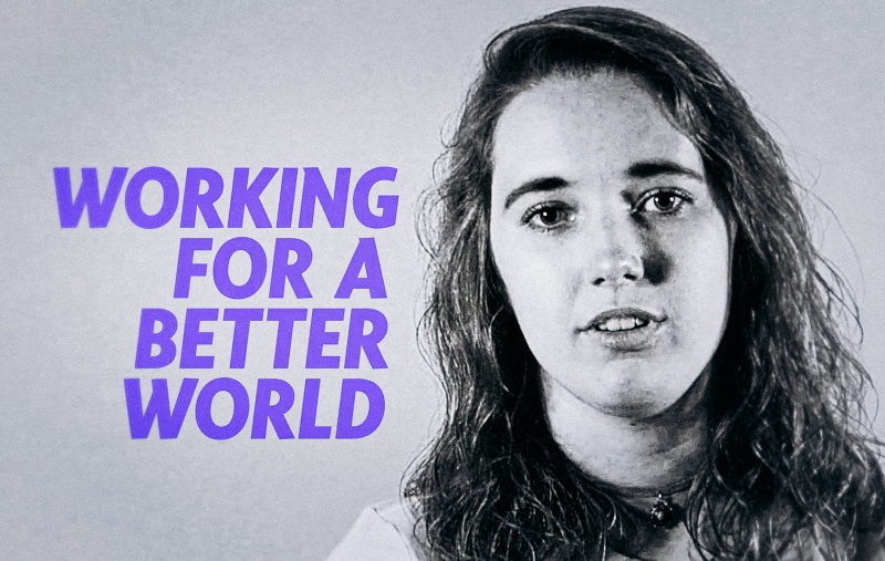An SNP activist looking to the camera next to the words "working for a better world"