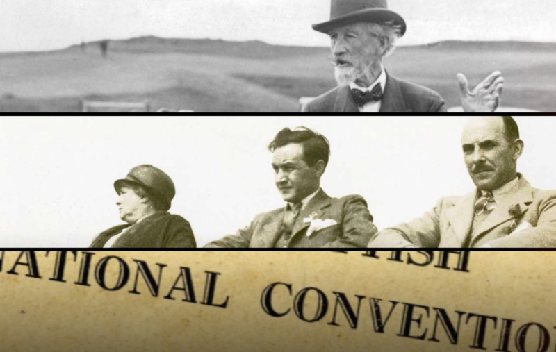 Composite picture, on top is RB Cunninghame-Graham addressing a rally, below is a gathering of early SNP founders and below that is a graphic from one of the first SNP Conferences